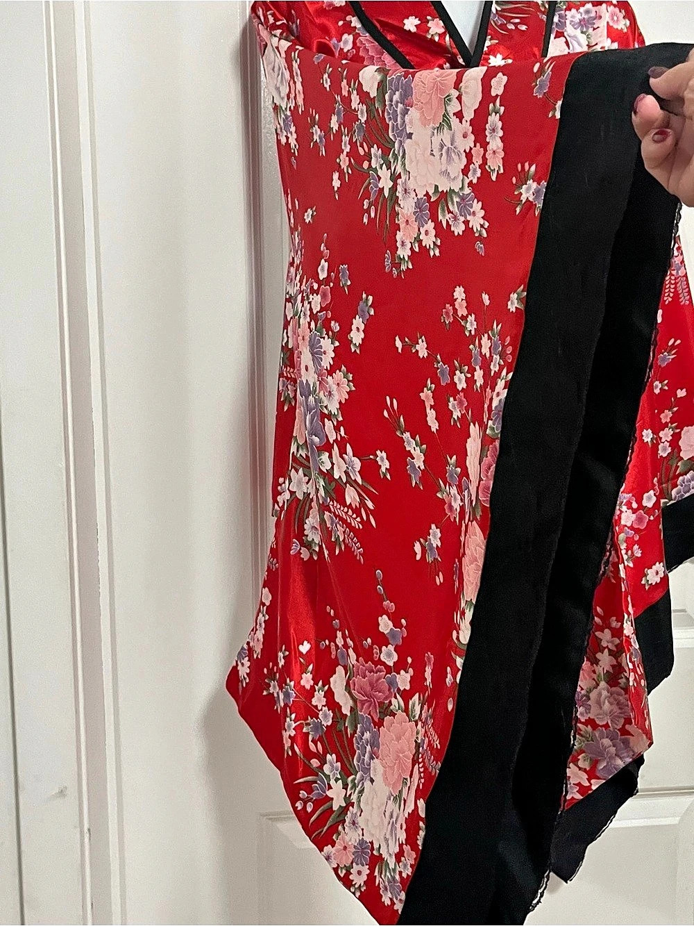 Red Floral Satin Kimono Top & Black Bow Set Wrap Blouse Cosplay Festival L - Picture 6 of 12